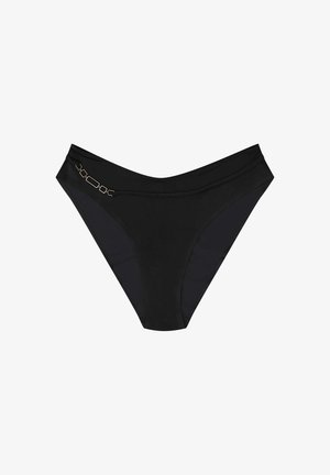 Black bikini bottom with a sleek design, featuring minimal seams and a decorative gold hardware accent on the side. Smooth texture.