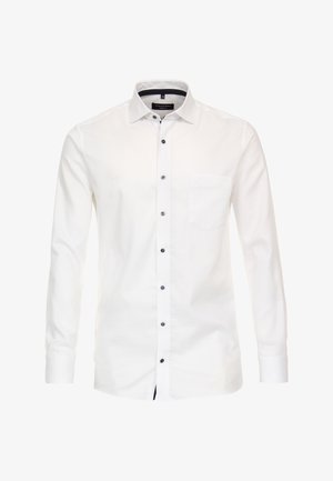 Weißes Langarmhemd aus strukturiertem Stoff mit umschlagbarem Kragen, Brusttasche und dunklen Knöpfen entlang der Knopfleiste.