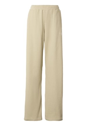 Bež široke hlače sa rebrastim uzorkom, elastični pojas i suptilan mali bijeli logo na gornjem dijelu bedra.