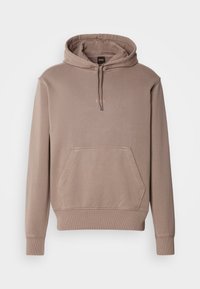 Hoodie van zacht, beige stof; heeft een voorzak en ribgebreide manchetten en rand; minimale branding op de borst.