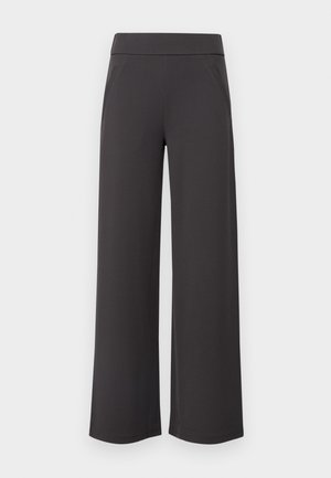 Bredde bukser i mørkegrått stoff, med en glatt tekstur, elastisk livlinje og to frontlommer. Flat-front design.