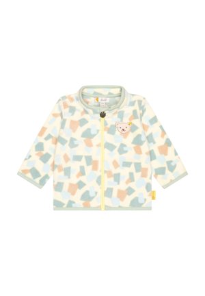 Baby fleece jacket with multicolor abstract patches, yellow zipper, and small bear face patch on the chest.