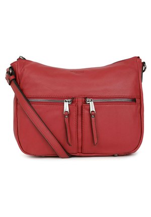 Borsa a tracolla rossa in pelle con una silhouette compatta, due tasche anteriori con zip, tracolla regolabile e texture liscia.
