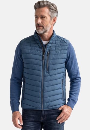 Mittelalter Mann mit grauen Haaren und Bart, trägt eine blaue gesteppte Weste mit Reißverschluss über einem blauen Langarmhemd und Jeans, schaut nach links.