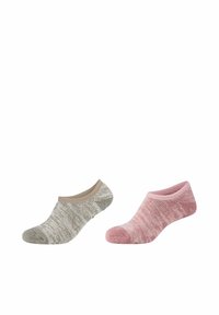Due paia di calzini alla caviglia: uno grigio con una cuffia beige e uno rosa con un motivo testurizzato e puntini in silicone sul fondo per una maggiore aderenza.