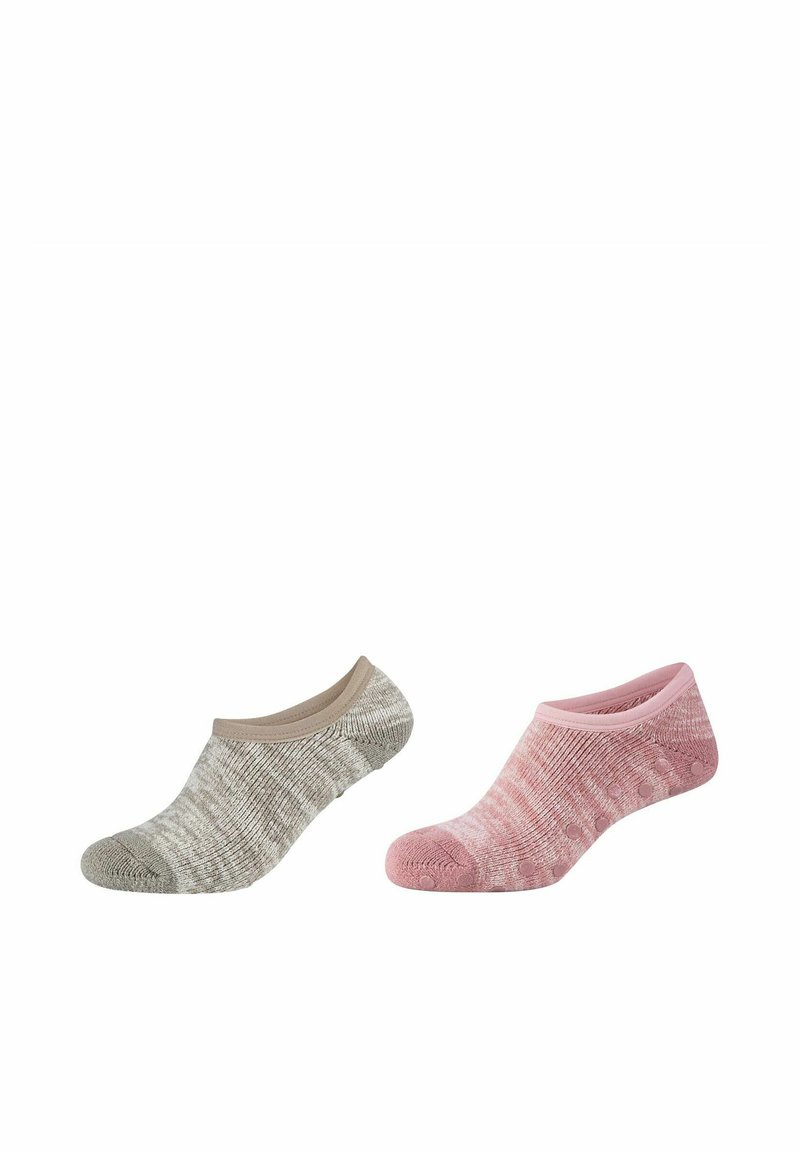 Due paia di calzini alla caviglia: uno grigio con una cuffia beige e uno rosa con un motivo testurizzato e puntini in silicone sul fondo per una maggiore aderenza.