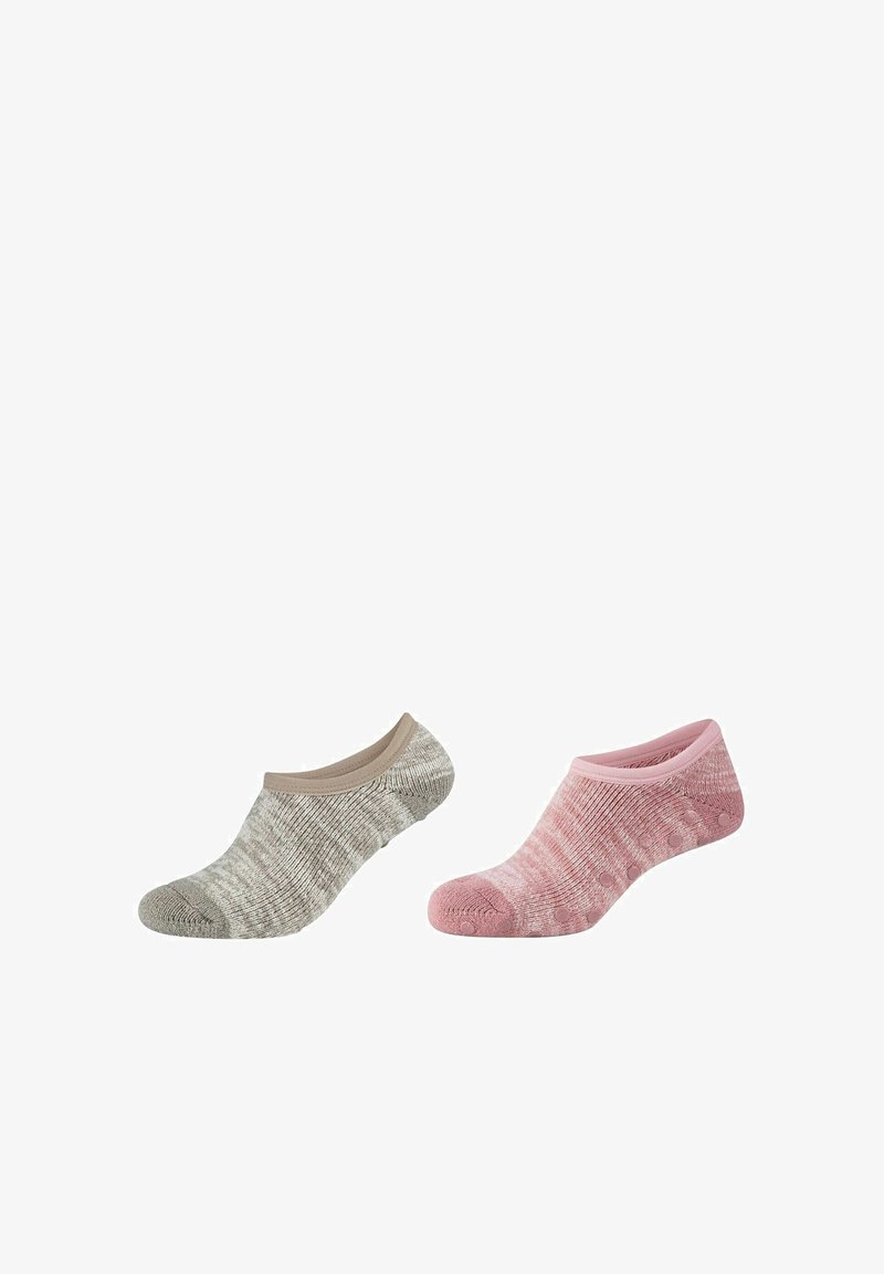 Zwei Paar Knöchelsocken: ein Paar grau mit beigem Bündchen und ein Paar rosa mit einem strukturierten Muster und Silikonpunkten an der Unterseite für zusätzlichen Halt.