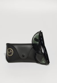 Ochelari de soare Ray-Ban negri cu lentile verzi, așezați parțial într-un toc din piele neagră cu un logo auriu și închidere prin tac.