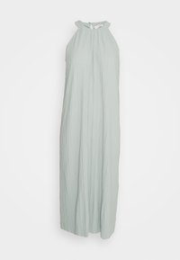 Vestido maxi de tirantes en verde claro, hecho de tejido texturizado, que presenta un escote en forma de ojo de cerradura y una silueta fluida y recta.