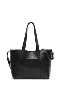 Black tote bag made of textured faux leather, featuring two shoulder straps, a detachable crossbody strap, and a front pocket.