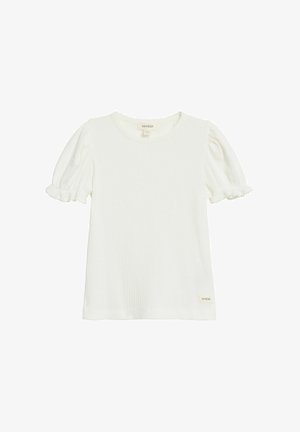 Weißes, geripptes Kurzarmshirt mit rundem Ausschnitt und gerafften Ärmelsäumen, mit einem kleinen Stofflabel nahe dem Saum.