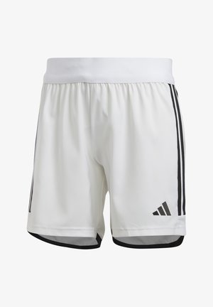 Shorts de sport blancs avec des bandes latérales noires et des finitions noires. Fabriqués en matériau léger, avec une taille élastique. Logo Adidas présent.