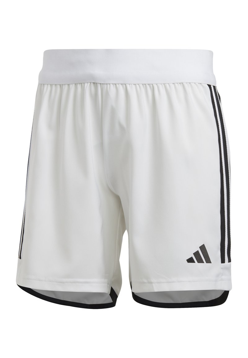 Shorts de sport blancs avec des bandes latérales noires et des finitions noires. Fabriqués en matériau léger, avec une taille élastique. Logo Adidas présent.