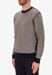 Maglione lavorato a maglia marrone chiaro con accenti blu navy nel collo e nell'orlo, caratterizzato da un colletto rotondo e un tessuto strutturato.