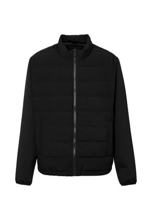Schwarze gepolsterte Jacke mit hohem Kragen, durchgehendem Reißverschluss und zwei Seitentaschen. Hergestellt aus weichem Stoff mit glatter Textur und elastischen Bündchen.