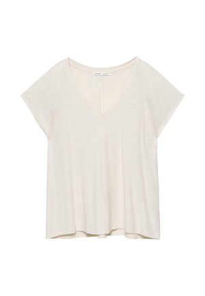 Elfenbeinfarbenes Kurzarm-Oberteil mit V-Ausschnitt und lockerem Schnitt, gerade gesäumt und aus leichtem Stoff gefertigt.