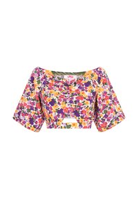 Blomstret cropped top med off-shoulder ærmer, med en blanding af pink, gul, lilla og grøn. Blødt stof med samlede detaljer.