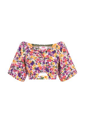 Top floral scurt, cu mâneci off-shoulder, având o combinație de roz, galben, mov și verde. Material moale cu detalii pliate.