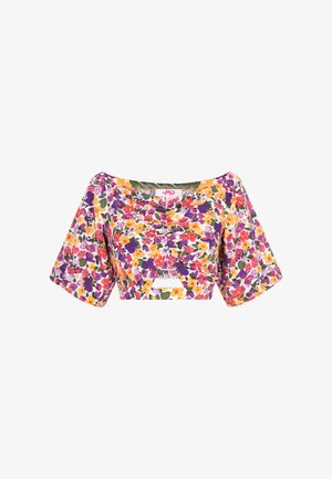 Top floral scurt, cu mâneci off-shoulder, având o combinație de roz, galben, mov și verde. Material moale cu detalii pliate.