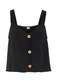 Schwarzes ärmelloses Oberteil mit V-Ausschnitt, versehen mit Holzknöpfen auf der Vorderseite. Hergestellt aus leichtem Stoff mit einer weichen, glatten Textur.
