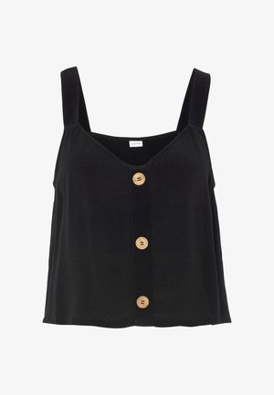 Top noir sans manches avec un décolleté en V, doté de boutons en bois sur le devant. Fabriqué en tissu léger avec une texture douce et lisse.