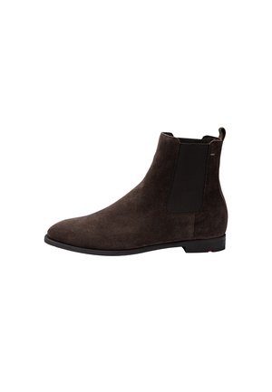 Dark brown suede Chelsea boot with elastic side panel, pull tab on the back, and low black sole.