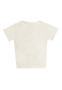 Lichtbeige t-shirt met korte mouwen en een ronde halslijn. Heeft een gladde textuur en een eenvoudig ontwerp, zonder graphics of patronen.