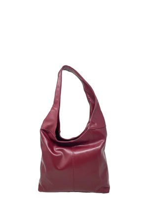 Borsa hobo in pelle bordeaux con un grande design morbido, tracolla singola, texture liscia e dettagli delle cuciture visibili sul davanti.