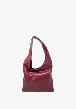 Burgunderfarbene Leder-Hobo-Tasche mit einem großen, lässigen Design, einem einzelnen Tragegurt, glatter Textur und sichtbarer Nahtdetails auf der Vorderseite.