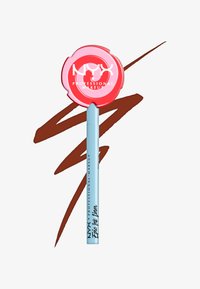 NYX Professional Makeup Lippenkonturenstift in hellblauer Verpackung mit rundem pinkfarbenem Deckel. Hintergrund mit braunem Lippenkonturenstift-Farbmuster.