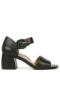 Zwarte leren hak sandaal met een brede voorkant, enkelband met een ronde gesp en een robuuste rechthoekige hak. Soepele structuur.