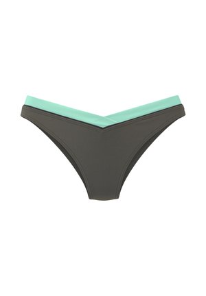 Reggiseno da bikini da donna con linea della vita a V, corpo grigio scuro e fascia in vita turchese chiaro.