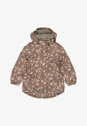 Floral-patterned jacket in muted purple, featuring a hood, side pockets, and elasticized cuffs. Lined with soft, textured material.