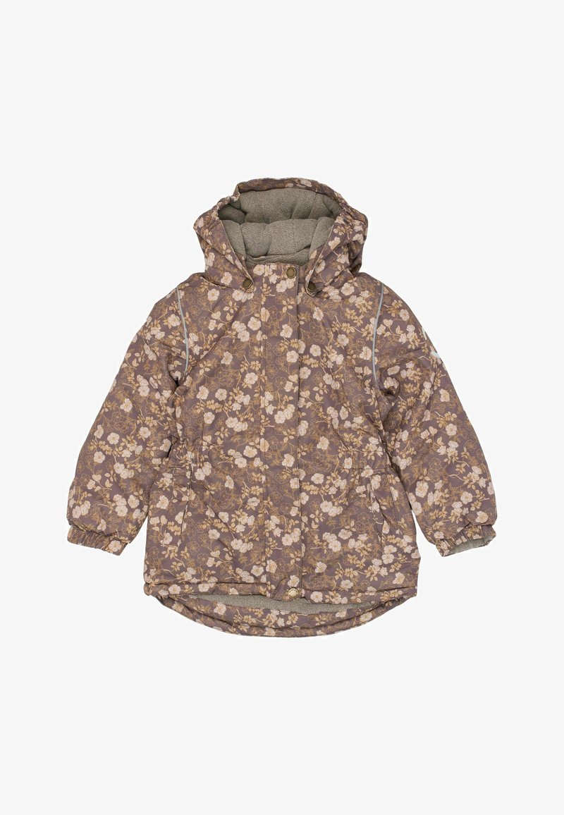 Floral-patterned jacket in muted purple, featuring a hood, side pockets, and elasticized cuffs. Lined with soft, textured material.