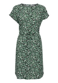 Vihreä- ja valkoinen kukkakuvioinen mekko, jossa on lyhyet hihat, pyöreä kaula-aukko ja nyöritys vyötäröllä. Pehmeä kangas, polven mittainen malli.