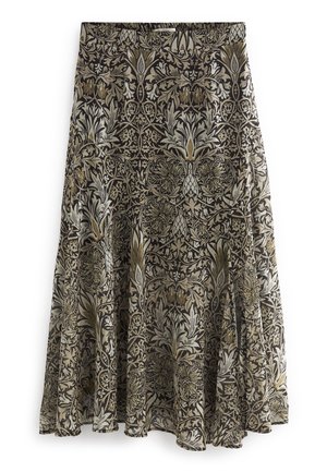 Jupe midi avec des motifs floraux et feuillages noirs, beiges et verts olive sur un tissu fluide.