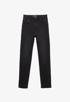 Schwarze Denim-Jeans mit geradem Beinschnitt, ausgestattet mit einem Knopf- und Reißverschluss, fünf Taschen und dezenten Stickdetails.