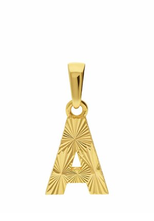 Goldener Anhänger in Form des Buchstabens "A" mit einem strukturierten Sonnenstrahlmuster und einer glatten Öse zum Befestigen an einer Halskette.
