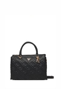 Borsa a tracolla nera imbottita realizzata in materiale sintetico, con una placca logo in oro, manici doppi e una tracolla removibile.