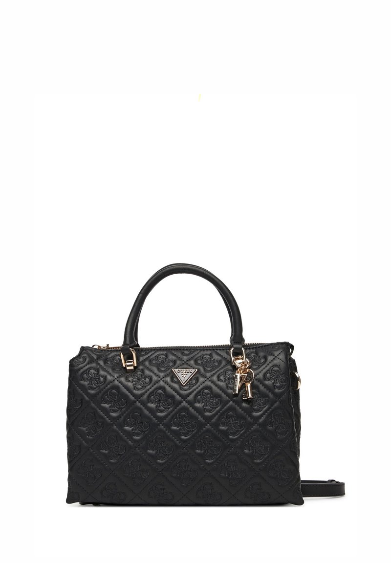 Borsa a tracolla nera imbottita realizzata in materiale sintetico, con una placca logo in oro, manici doppi e una tracolla removibile.