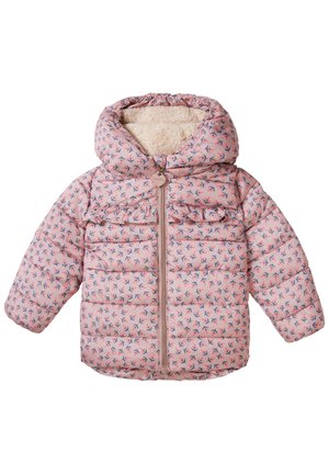 Veste matelassée rose pour tout-petit avec capuche, motif floral en bleu et corail, fermeture éclair à l'avant, détail volanté sur la poitrine, et doublure en polaire à l'intérieur de la capuche.