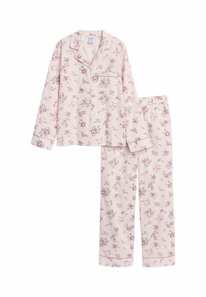 Bloemenpyjamaset in lichtroze, met lange mouwen, een knoopsluitingsshirt en broek met elastische taille, voorzien van een subtiel bloemenpatroon en contrasterende biezen.