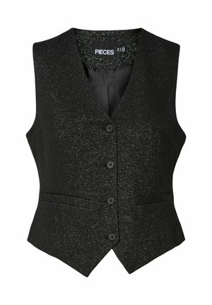 Sort ærmeløs vest med subtil sølvglans, V-hals, fire sorte knapper og to forreste splitlommer, skræddersyet pasform, mærket "PIECES".