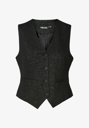 Gilet sans manches noir avec un léger éclat argenté, décolleté en V, quatre boutons noirs et deux poches fendues à l'avant, coupe ajustée, étiquette "PIECES".