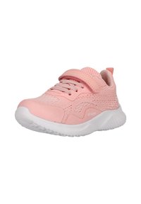Rosa Sportschuhe mit einem atmungsaktiven Mesh-Obermaterial, schlankem Design, verstellbarem Riemen und einer weißen, strukturierten Gummisohle.