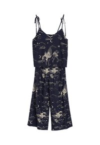 Granatowy dwuczęściowy komplet z regulowanymi cienkimi ramiączkami, z nadrukiem jednorożców i elementów niebiańskich w kolorze kremowym. Miękka tkanina.