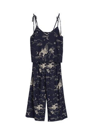 Marineblaues zweiteiliges Set mit verstellbaren Spaghettiträgern, mit einem aufgedruckten Design aus Einhörnern und himmlischen Elementen in Cremefarben. Weicher Stoff.