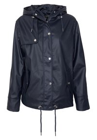 Marinblå vattentät jacka med huva, knapplås och dragkedja, framfickor, justerbar dragsko i midjan och slät textur.