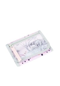 Pink fabric wallet with elephant and tree patterns, silver accents, zip closure, and polka dot design. Textured material. Compact rectangular shape.