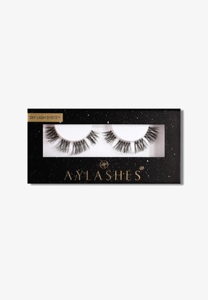 Black rectangular box containing false eyelashes, featuring two pairs of black lashes with varying lengths, highlighted by a transparent display window.